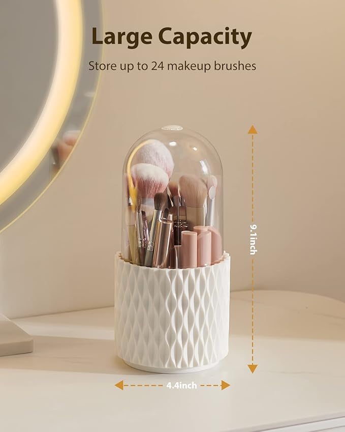 [Upgrade] Rotating Makeup Brush Holder, [Dustproof & Waterproof] 360 Rotating Cosmetics Make up Brush Organizer Storage with Lid for Vanity
