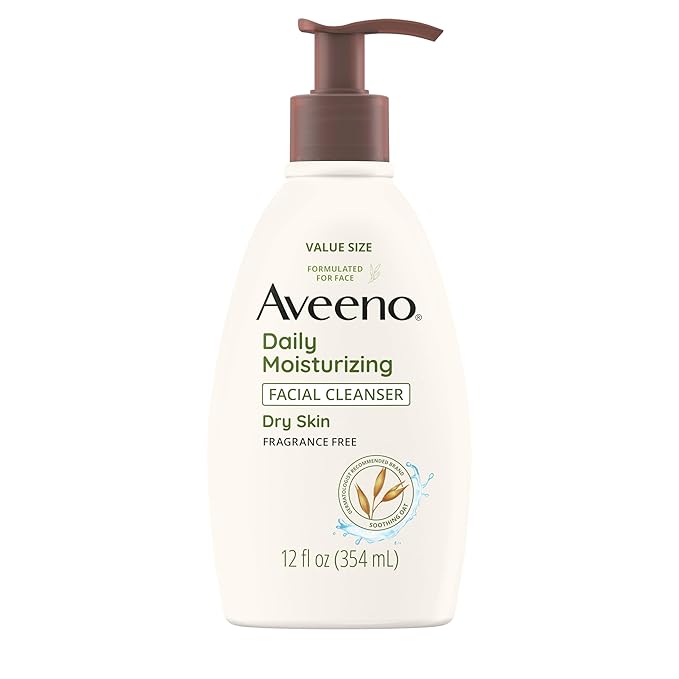 Aveeno Daily Moisturizing Facial Cleanser for Dry Skin, Gentle Face Cleanser with Soothing Oat for Skin that Feels Soft & Supple, Removes Dirt, Oil and Impurities, Fragrance Free, 12 FL OZ