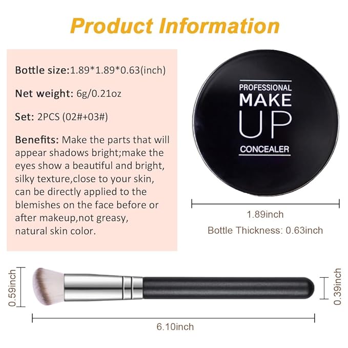 Kaely 2Pcs Pot Concealer Full Coverage Set, Under Eye Brightener Color Correcting Concealer for Dark Circles, Waterproof Foundation Face Makeup Brush Kit, Eye Ring Corrector de ojeras, 02+03