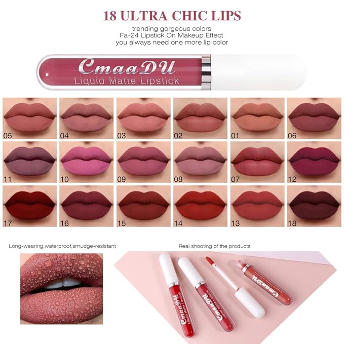 BONNIE CHOICE 18Pcs Matte Liquid Lipstick Set, Waterproof Long Lasting Non-Stick Cup Nude Lipstick Dark Red Lipstick for Women 24 Hour High Pigmented Lip Gloss Set Valentine's Day Gifts for Women