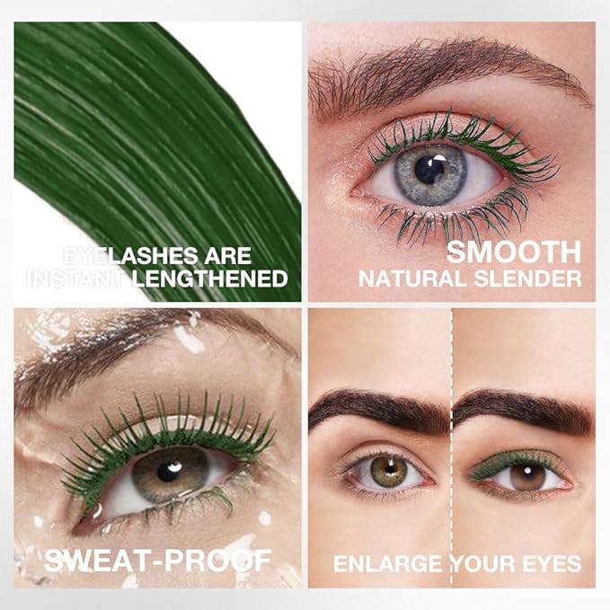 Green EyeLashes Mascara, Waterproof Long lasting Charming Voluminous Cruelty Free Vegan Green Eye Makeup, Mmascara Waterproof