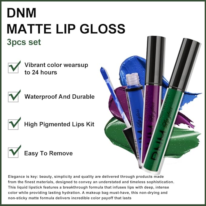 AMY'S DIARY Blue Green Dark Purple Matte Plum Liquid Lipstick 3Pcs Sets,24-hour Lipstick Long Lasting Permanent L Magic Lipstick Waterproof Lip Stain 24 Smudge Waterproof for Women (Set21)