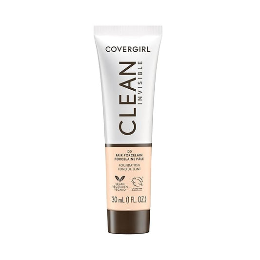 COVERGIRL Clean Invisible Foundation Makeup, Dewy & Glowy Natural Finish, Buildable Coverage, Skin-Like Smooth Look, Vegan, Fair Porcelain, 1oz
