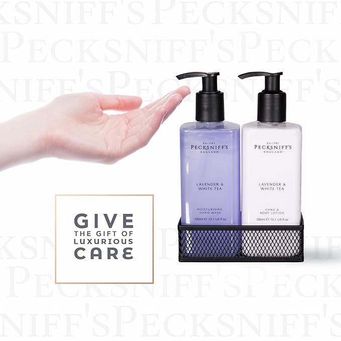 Pecksniff's Handwash Soap and Lotion Set, Stress Reducing, Aromotherapy Cleanser That Leaves Hands Soft and Lightly Scented (Lavender and White Tea, Black Caddy)
