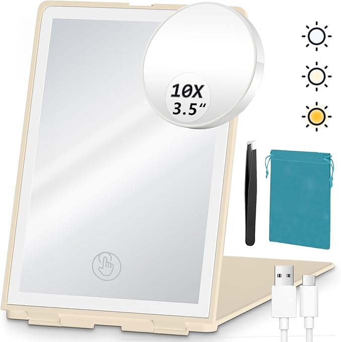 Travel Makeup Mirror with Light, Rechargeable Portable Folding Compact Mirror Set with Tweezer, Lighted Makeup Mirror with 72 LED 3 Color Light Modes, Dimmable Touch Screen LED Mirrors-Cream