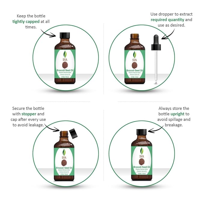 SVA Broccoli Seed Oil - 4 Fl Oz – 100% Natural Cold Pressed Broccoli Oil - for Face, Skin Care, Hair Care, Scalp Massage & Body Massage – Carrier Oil with Dropper