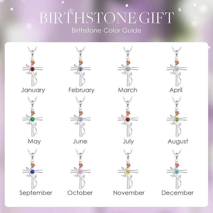 Cross Necklace for Women, 925 Sterling Silver Birthstone Necklace for Women with Rose Flower Birthstone Womens Jewelry Birthday Gifts for Wife Women