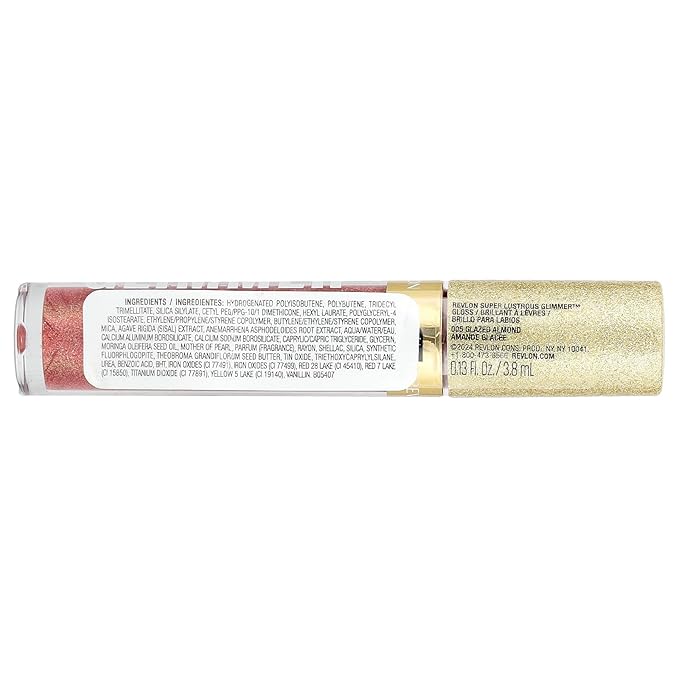 REVLON Super Lustrous Glimmer Gloss, Non-Sticky Lip Gloss, High-Shine Finish, Plant-Based Glitter, 005 Glazed Almond, 0.13 fl oz