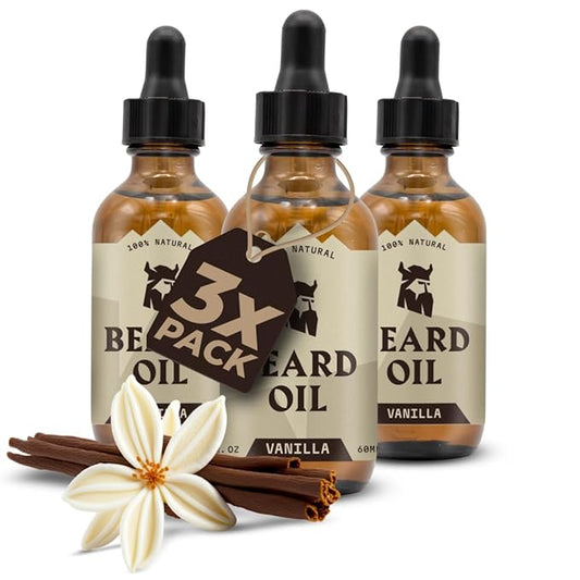 Striking Viking Beard Oil for Men - 2 Fl Oz, 3 Pack, Vanilla Scent - Naturally Derived Conditioner with Almond, Tea Tree, Argan & Jojoba Oil for Beard Growth, Softening & Moisturizing