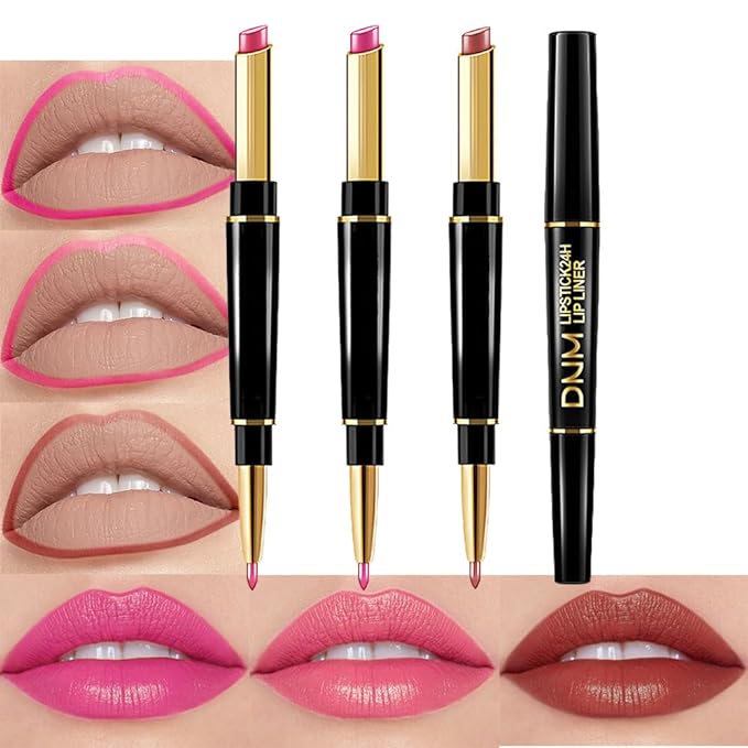 BINGBRUSH 3Pcs Double Ended Warm Bright Pink Plummy Terracotta Shine Lip Liner and Lipstick Makeup Combo Set for Women,Lipliner 24 Hours Original Waterproof Long Lasting Lip Stains Pencil Kit Set