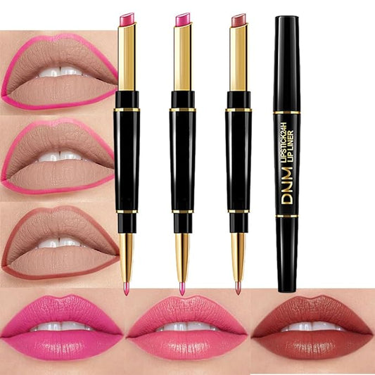 BINGBRUSH 3Pcs Double Ended Warm Bright Pink Plummy Terracotta Shine Lip Liner and Lipstick Makeup Combo Set for Women,Lipliner 24 Hours Original Waterproof Long Lasting Lip Stains Pencil Kit Set