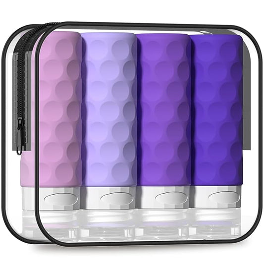 Travel Bottles for Toiletries, 4pcs Tsa Approved 3oz Travel Size Containers, BPA Free Leak Proof Premium Silicone Bottles, Refillable Liquid Squeezable Accessories W/Toiletry Bag(Purple)