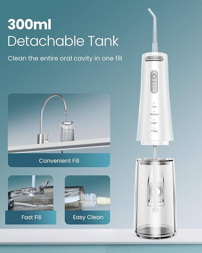Onlyone Water Dental Flosser, 300ML Portable Oral Irrigator for Teeth, 4 Modes and 5 Jet Tips,Rechargeable Irrigation Cleaner,Electric Flossing Machine Power Flossers & Irrigator Accessories White