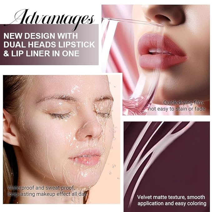 1Pcs 2 in 1 Deep Red Matte Lip Liner and Liquid Lipstick Stain Makeup Set for women, Red Long Lasting Smudge Proof Lip Tint Matte Finish Lip Gloss for All-Day Color Hold Easy to Use 17#