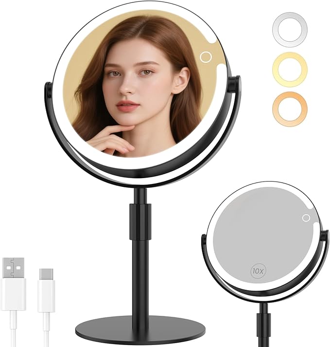 Makeup Mirror with Lights, 8" Double Sided 1x/10x Magnifying Vanity Mirror with 3 Color Lights, Rechargeable, 360° Rotation and Adjustable Height, Gift for Women Her