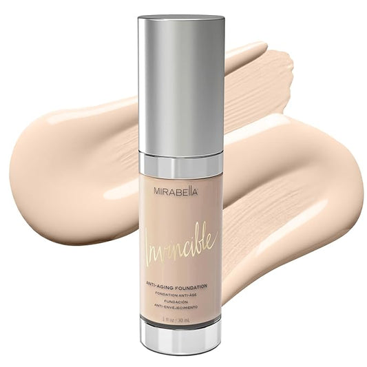 Mirabella Invincible For All HD Liquid Foundation - Anti-Aging Full Coverage Liquid Face Makeup - Moisturizing, Hydrating & Lightweight Foundation for All Skin Types (Porcelain 0, Original Packaging)