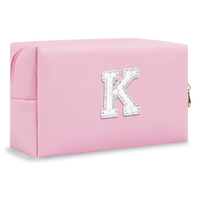 ChaoGreat Bride Gifts – Personalized Initial Makeup Bag with Pearl Rhinestone Patch, Preppy Pink Monogram Cosmetic/Toiletry Pouch, bridesmaid Gifts, Bridal Shower Gifts, Wedding Gifts, Bridal Gifts,K