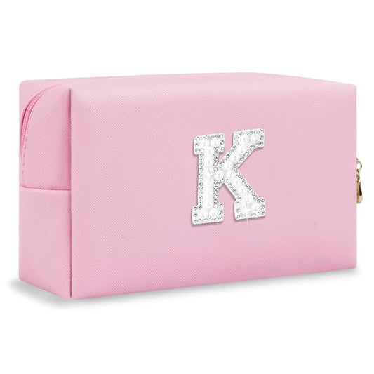 ChaoGreat Bride Gifts – Personalized Initial Makeup Bag with Pearl Rhinestone Patch, Preppy Pink Monogram Cosmetic/Toiletry Pouch, bridesmaid Gifts, Bridal Shower Gifts, Wedding Gifts, Bridal Gifts,K