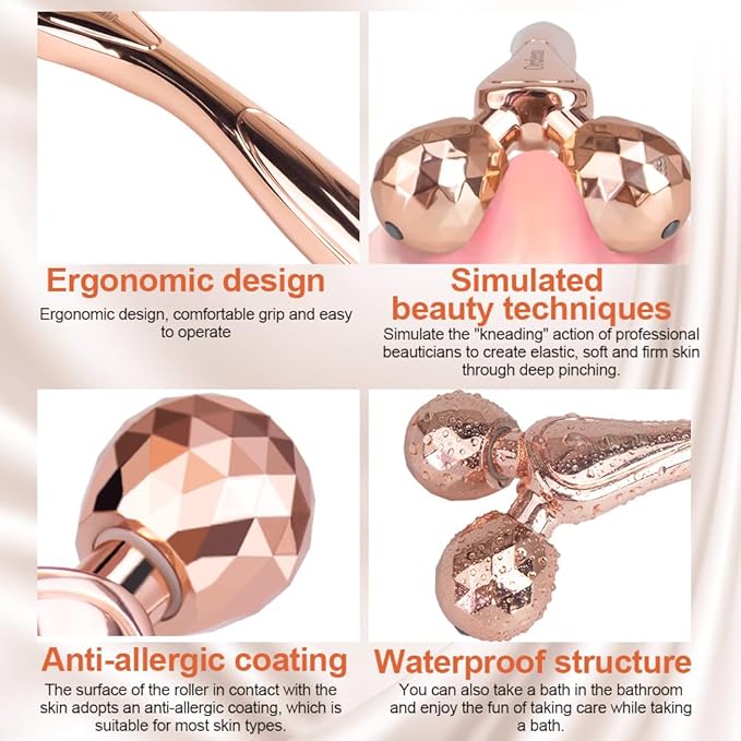 3D Face Roller Metal Facial Massager Face Sculpting Gua Sha Massage Tool for Eye Skin Care Reducing Puffiness Anti-Wrinkle for Women Girl Gift Set(Rose Gold)