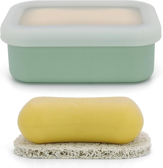 AIMAIMAIMAI Compact Leakproof Travel Soap Case, Silicone Travel Soap Bar Container, Portable Soap Box with Drainage Layer for Camping, Gym (Light Green)