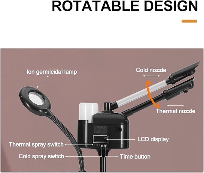 Artist hand Professional 3 in 1 Facial Steamer Upgrade Esthetician Steamer with hot & Cold Nozzle 5X LED Magnifying Lamp Beauty Salon Spa Black