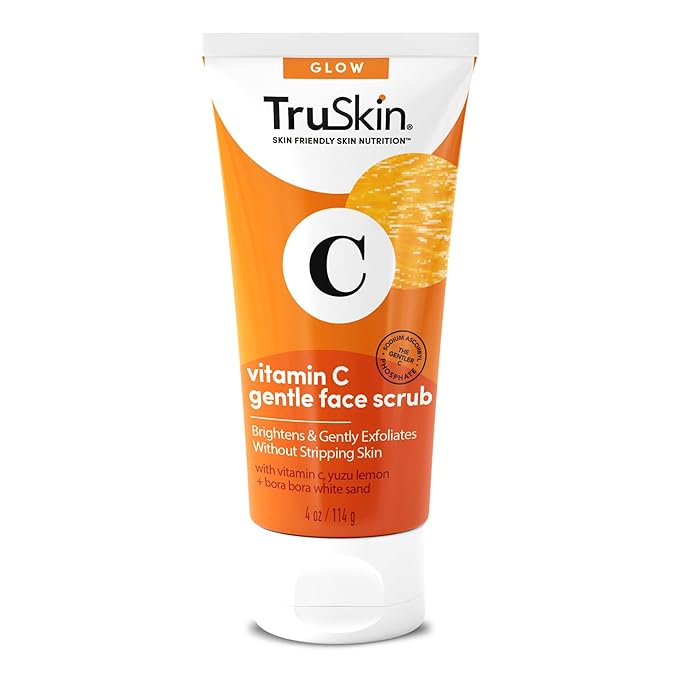 TruSkin Vitamin C Gentle Face Scrub - Brightening Daily Face Exfoliator for All Skin Types - Softens & Smooths Skin with Vitamin C, Yuzu Lemon, and Exfoliating Bora Bora White Sand - 4 Fl. Oz
