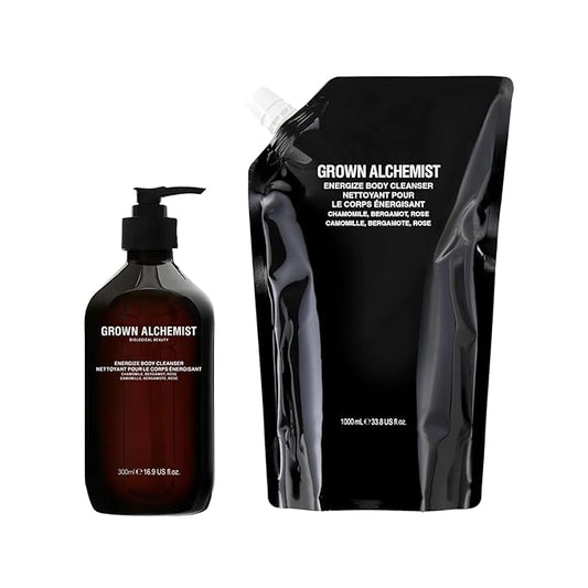 Grown Alchemist Energize Body Cleanser Bundle: Chamomile, Bergamot & Rose Bodywash/Soap (300mL + 1L Refill)
