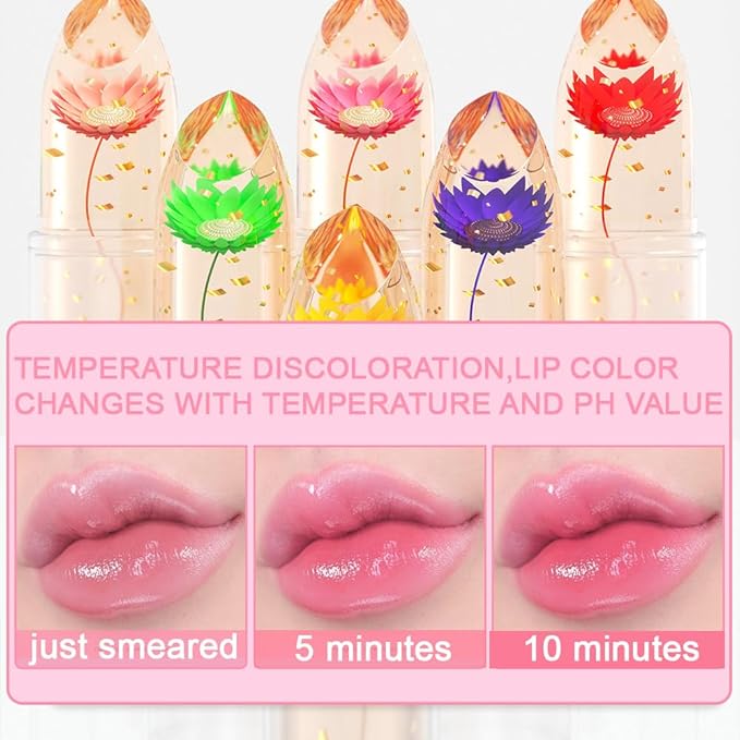 BINGBRUSH 2 Pcs Crystal Flower Jelly Color Changing Lipstick,Long Lasting Lip Care Moisturizer Lip Balm Magic Lip Gloss Lip Tint Stain Matte Makeup Lipstick (01#Pink&02#Rose red)