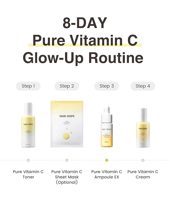 VARIHOPE 8 Days Vitamin C Serum - High-Potency Ascorbic Acid for Brightening, Dark Spot Care & Even Skin Tone, Korean Skin Care Ampoule for Glowing, Radiant Skin, 0.5 fl oz