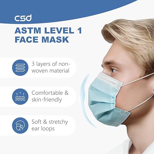 CSD Colo 50 Pcs ASTM Level 1 Disposable Face Masks, 3 Ply Adult Mask with Elastic Ear Loop, Nose Bridge Clip, Breathable Comfortable Mask Great for Indoor, Outdoors Use (Blue)