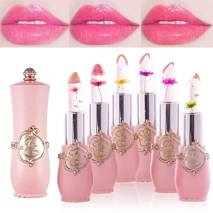 BINGBRUSH 2Pcs Ph Lipstick Color Changing,Pink Crystal Jelly Flower Clear Mood Long Lasting Labiales Lip Care Moisturizer Lip Balm Korean Magic Lip Gloss 24 Hours Lip Tinted Stain Makeup Set for Women