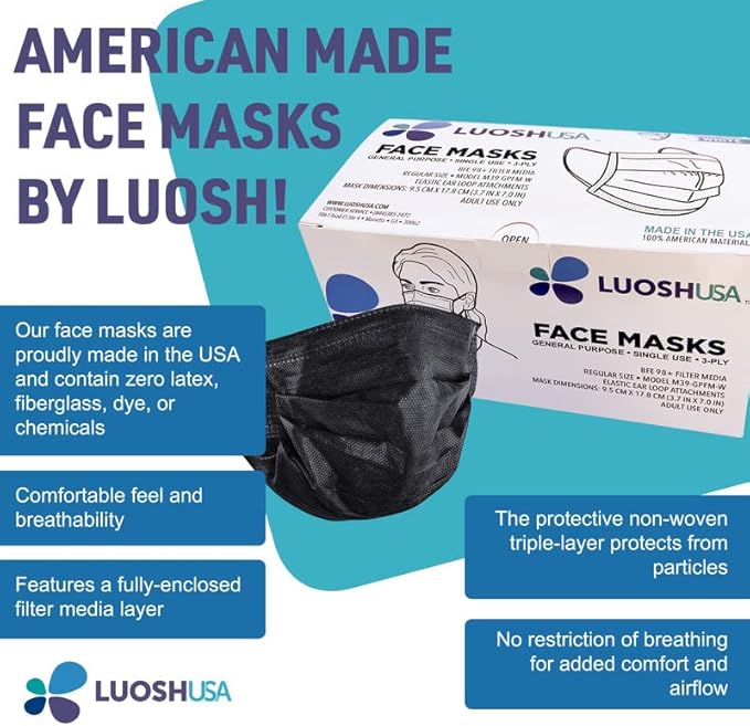 Luosh Face Masks Disposable Made in USA, 3 Ply Disposable Masks 50pcs,Adult Mask, Kids Mask, Black Masks, White Masks