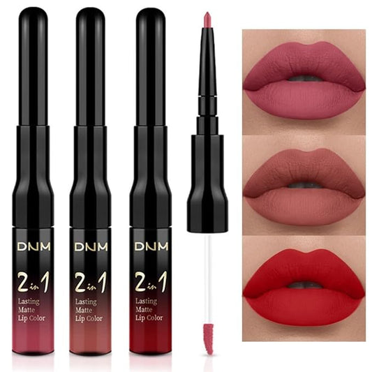 3Pcs 2 in 1 Mauve Neutral Light Rosey Nude Blue Red Lip Liner and Liquid Lipstick Stain Makeup Set for women, Long Lasting Smudge Proof Lip Tint Matte Finish Lip Gloss for All-Day Color Hold, Set10