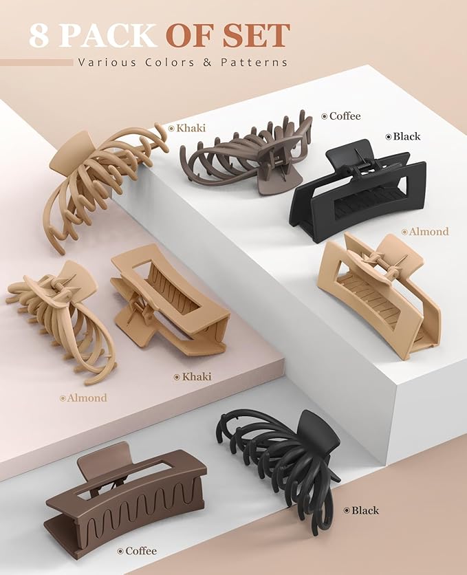 OPAUL Large Matte Square Nonslip Hair Claw Clips, 4.75" Strong Hold Big Neutral Hair Accessories for Long Hair for Women and Girls (8 Pack)
