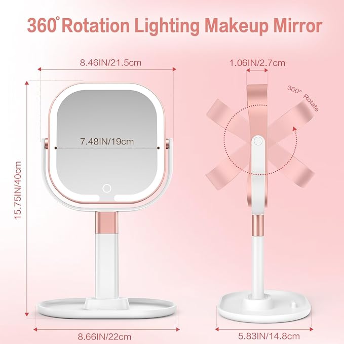 Makeup Mirror with Lights, 1X/10X Magnifying Vanity Mirror with 3 Colors, 2000mAh Rechargeable Double Sided Magnifying Mirror, Height Brightness Adjustable, 360° Rotation Vanity