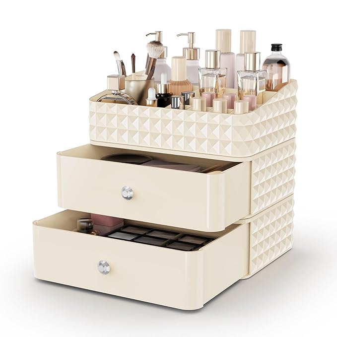 Makeup Organizer for Vanity, Stackable Cosmetics Organizer and Storage, Cosmetic Display Cases with 2 Drawers and 1 Tray for Makeup Brush, Hair Accessories, Lipstick and Jewelry, Beige