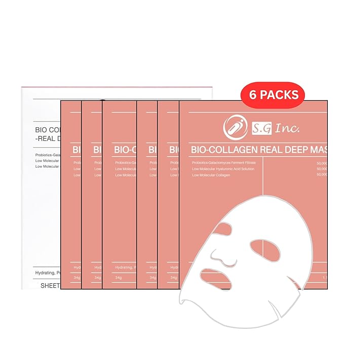 SG Bio- Collagen Real Deep Mask – Overnight Hydrating Collagen Face Masks Skincare| Anti-Wrinkle,Firming,Pore Minimizing,Elasticity Enhancing | Hydrogel Sheet Mask for All Skin Type (34g x 12-Pack)