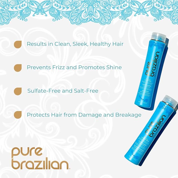 Pure Brazilian Anti-Frizz Daily Shampoo & Conditioner, Salt-Free & Color Safe, Enriched with Keratin, Argan Oil & Acai, 13.5 Ounce (400 Milliliter)