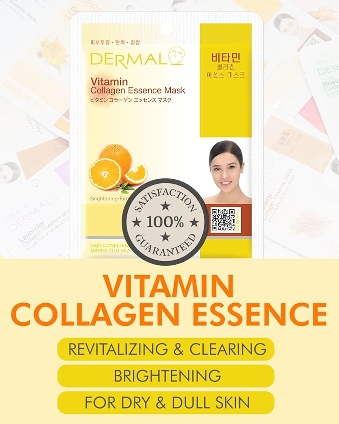 Dermal Korea Collagen Essence Full Face Facial Mask Sheet - Vitamin pack of 10