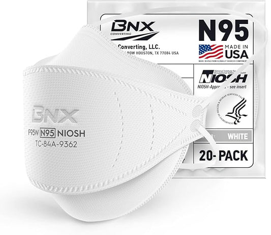 BNX N95 Mask NIOSH Certified MADE IN USA Face Mask, Tri-Fold Cup/Fish Style, 10,20,50-Pack - Black, White (Model F95B,F95W)