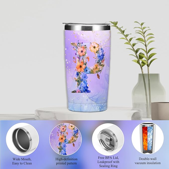 Personalized Gifts Monogrammed Birthday Gifts for Women, Mommy, Female Going Away Christmas, Initial 20 oz Tumbler, Makeup Cosmetic Bag Cup Pens Journal Notebook 6 Set, (Aesthetic Purple Flower P)