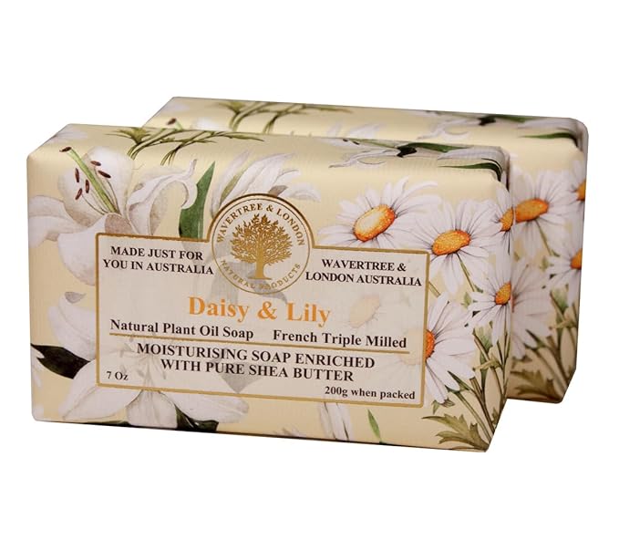 Wavertree & London Daisy & Lily Scented Natural Soap (2 Bars), 7oz Moisturizing French Triple Milled Soap Bars enriched with shea butter - Pure Plant Based Bath & Body Bars for All Skin Types