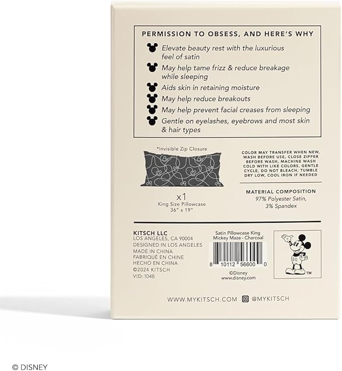 Kitsch & Disney Mickey Mouse Satin Pillowcase with Zipper Softer Than Silk, Cooling Pillow Case for Hair & Skin, Wrinkle Free, Machine Washable, King Size (19x36)