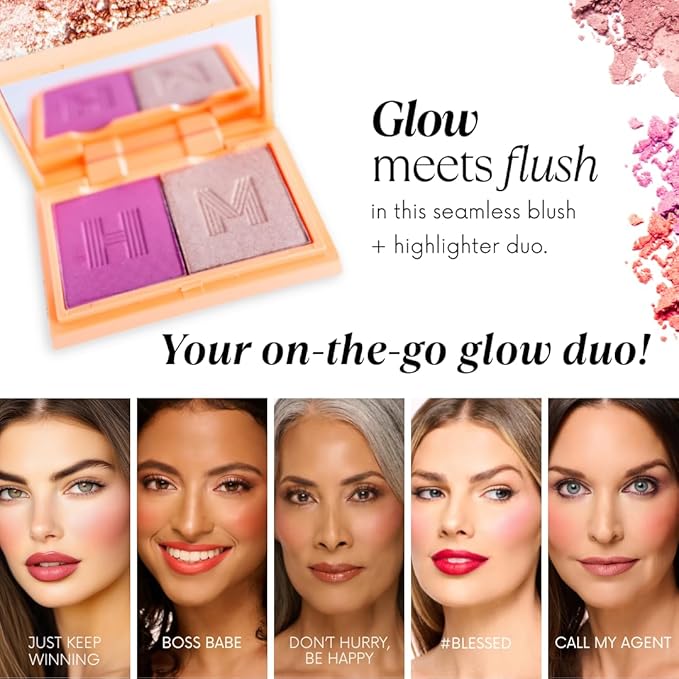 Mini Blush + Brighten Highlighter Duo, Lightweight Blendable Shimmer Blush, High Pigmented Makeup Powder Palettes, Cruelty Free - #Blessed