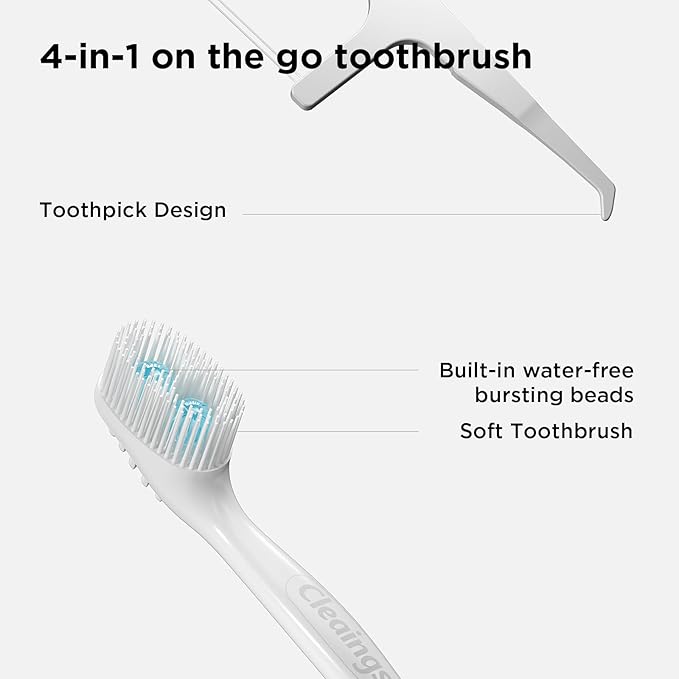cleaings® Disposable Toothbrushes with Toothpaste - 4-in-1 Mini Travel Toothbrushes, Built-in Tongue Scraper, Floss & Picks for On-The-Go, Camping, Work (Mint)