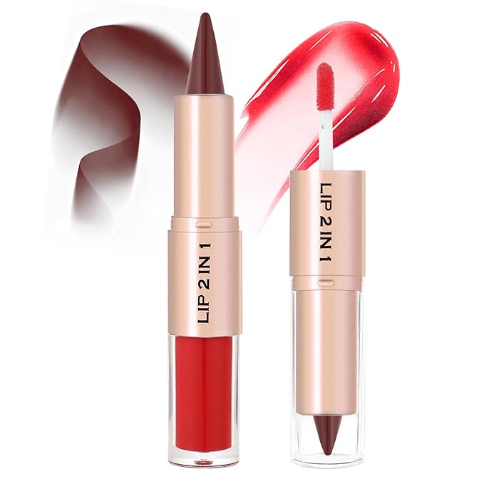 2-in-1 Dual-Ended Lip Liner Lipstick & Gloss Set, Lip Combo with Mirror Effect, Smooth Matte Lip Liner and Moisturizing Lightweight Lip Plumping set for Women, 07 Red Brown