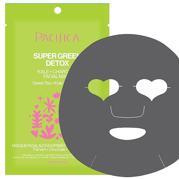Pacifica Super Green Detox Sheet Mask – Charcoal, Kale & Clay Pore Cleansing Mask for Oily, Blemish-Prone Skin, Deep Detox Facial Mask, Vegan