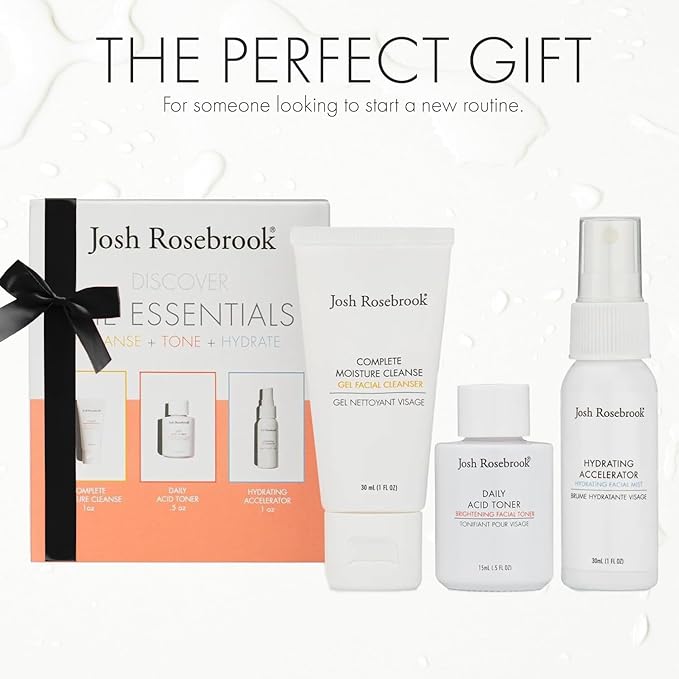 Josh Rosebrook The Essentials Kit - Cleanse, Tone & Hydrate Skincare Set | Complete Moisture Cleanse 1 oz, Daily Acid Toner 0.5 oz, Hydrating Accelerator 1 oz | Travel Size Facial Skin Care