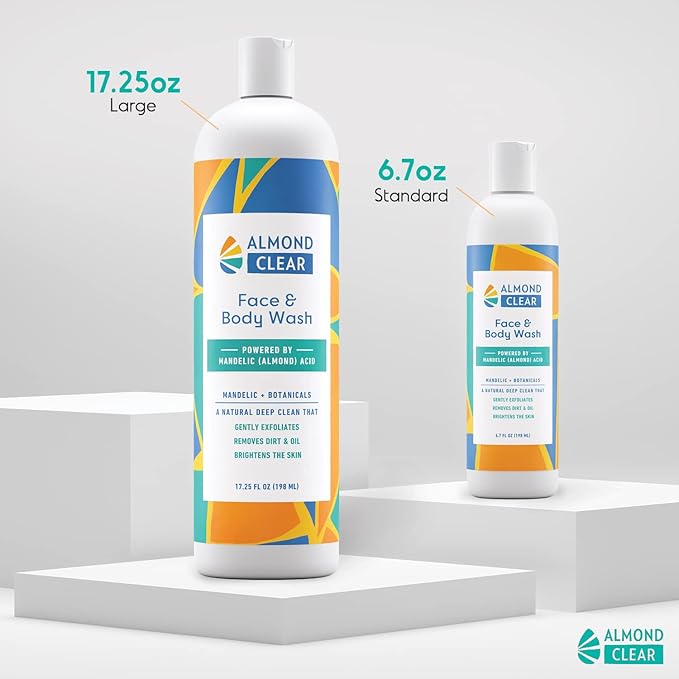 Almond Clear Face & Body Wash [6.7 Fl Oz] Skin Care for Acne and Folliculitis-Prone Skin - Gentle Everyday Exfoliating Cleanser with Mandelic Acid and Botanicals