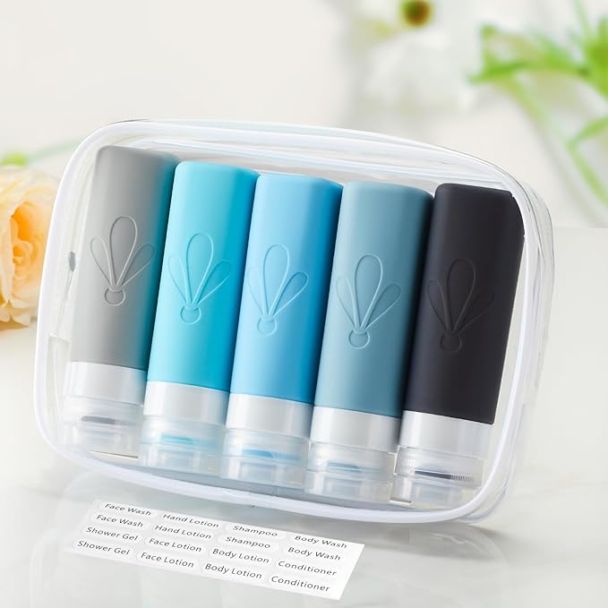 INSFIT Travel Bottles for Toiletries, TSA Approved 3oz Travel Size Containers, BPA Free Leak Proof Squeezable Silicone Tubes for Shampoo Conditioner Lotion Soap with Labels